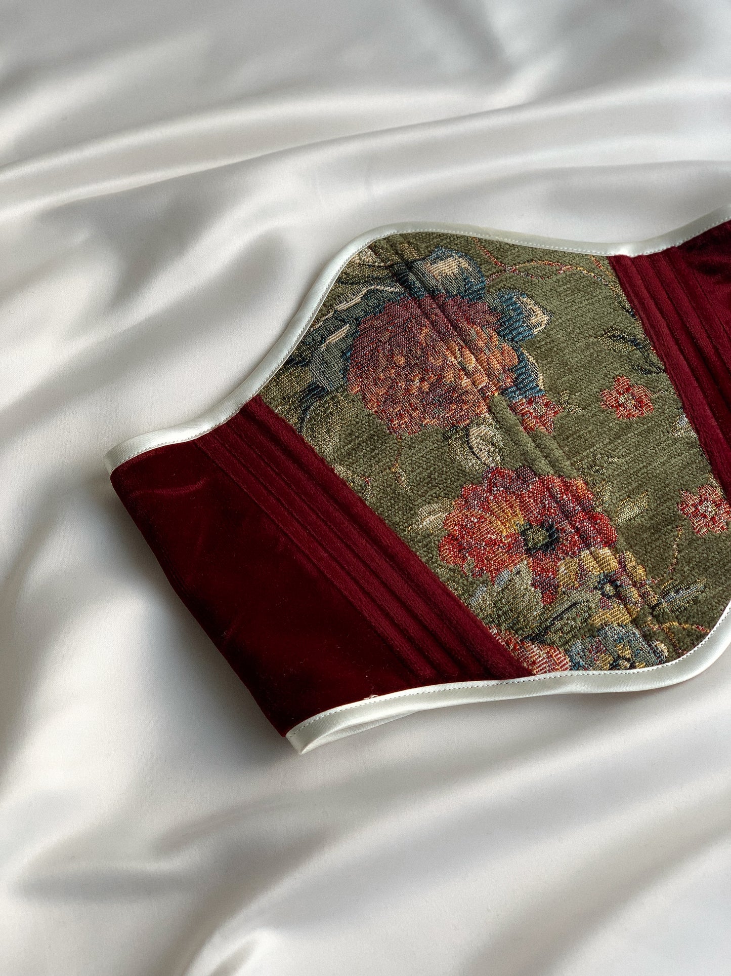 Luxury Green Gobelin Corset – Handmade Red Velvet Underbust, Custom Made to Measure Waist Cincher, Exclusive Tapestry Design