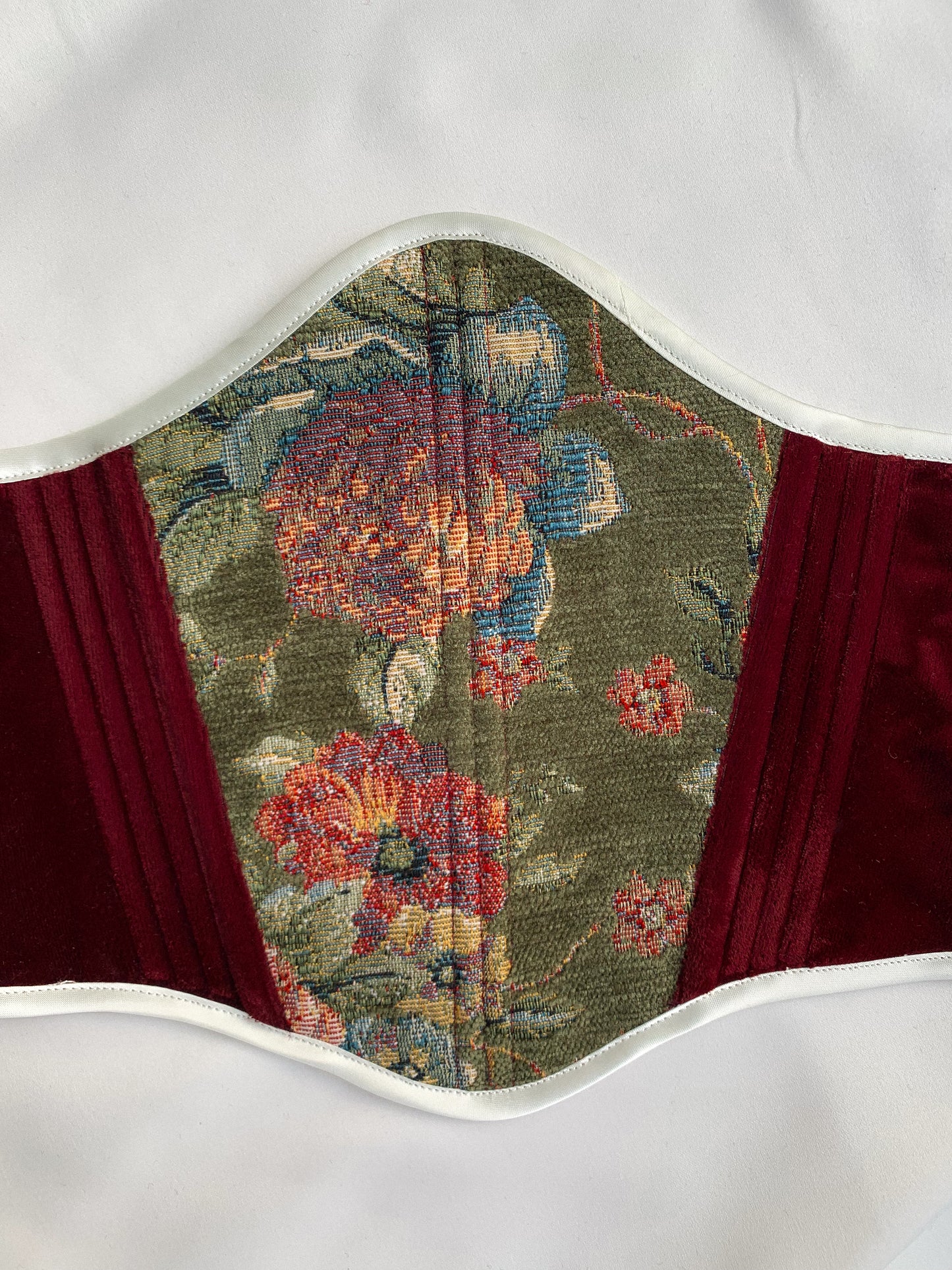 Luxury Green Gobelin Corset – Handmade Red Velvet Underbust, Custom Made to Measure Waist Cincher, Exclusive Tapestry Design