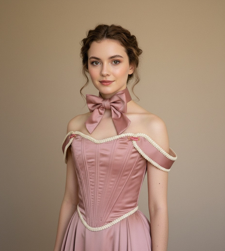 Pink corset with off-shoulder sleeves