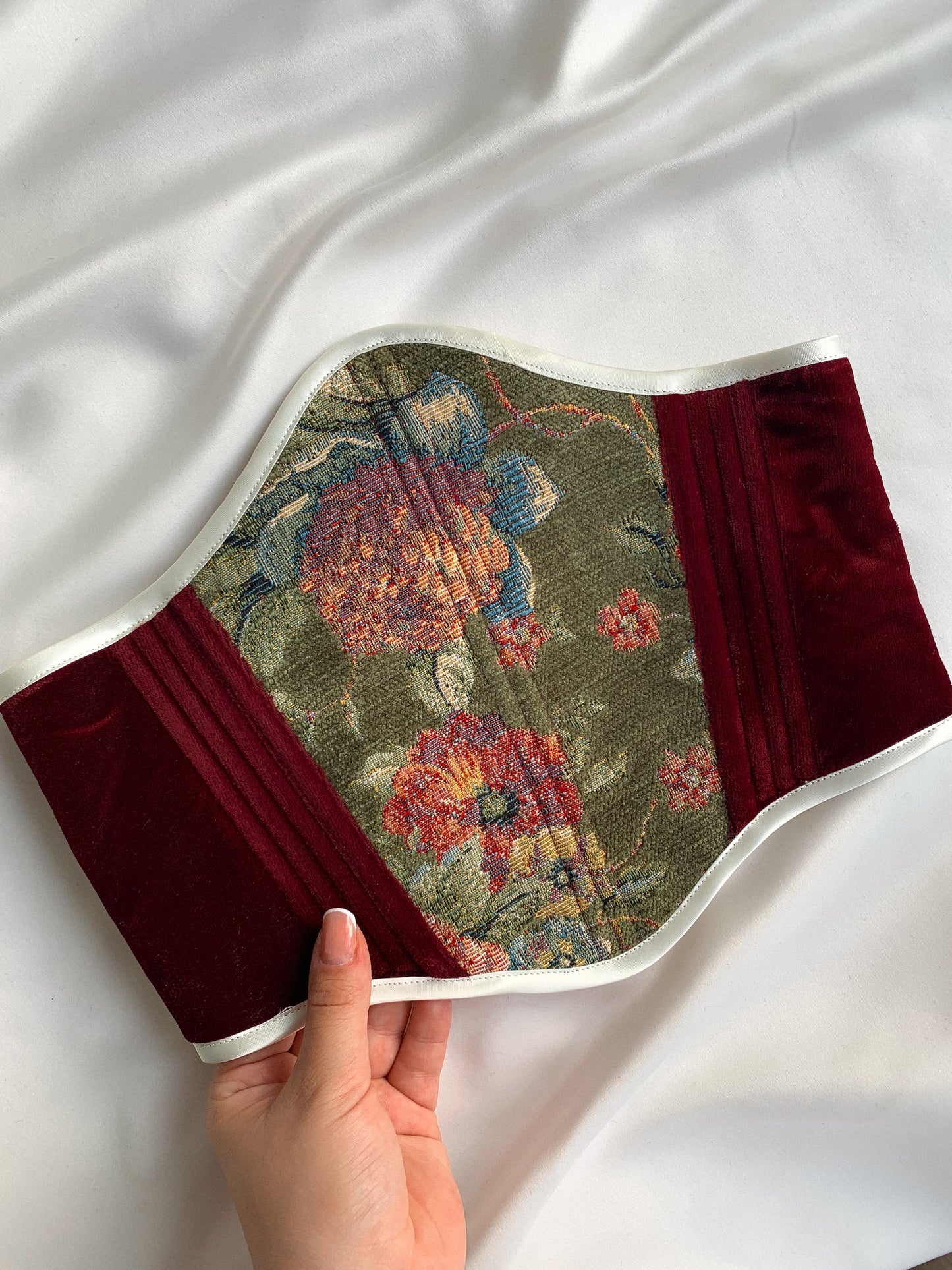 Luxury Green Gobelin Corset – Handmade Red Velvet Underbust, Custom Made to Measure Waist Cincher, Exclusive Tapestry Design