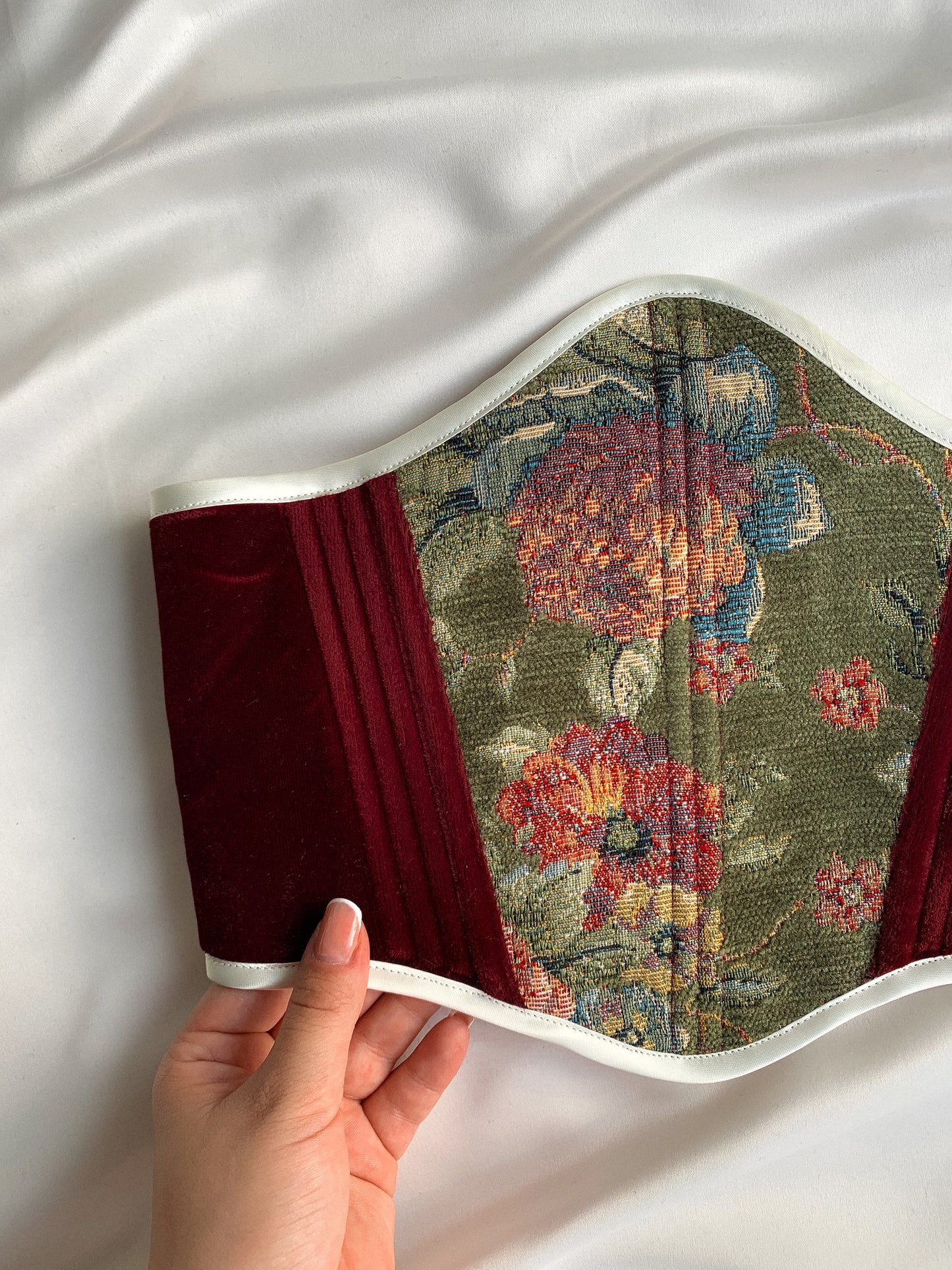 Luxury Green Gobelin Corset – Handmade Red Velvet Underbust, Custom Made to Measure Waist Cincher, Exclusive Tapestry Design