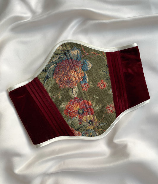 Luxury Green Gobelin Corset – Handmade Red Velvet Underbust, Custom Made to Measure Waist Cincher, Exclusive Tapestry Design